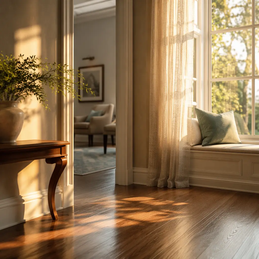 Soft light reflecting off a clean corridor floor in a modern senior residence