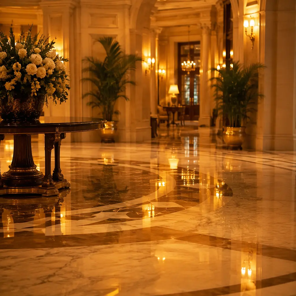 Soft golden light across a polished wooden floor in a residential common space