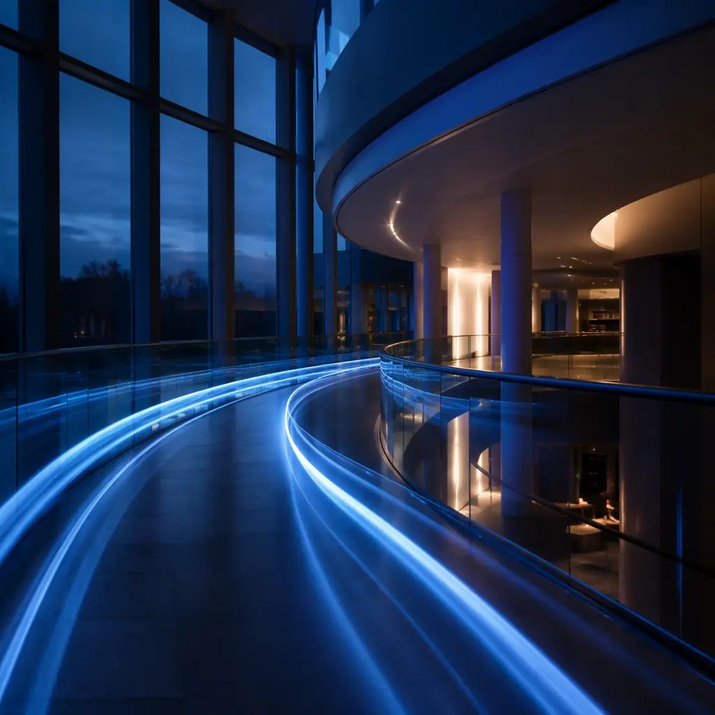 Abstract visualization of interconnected light paths through a building at night