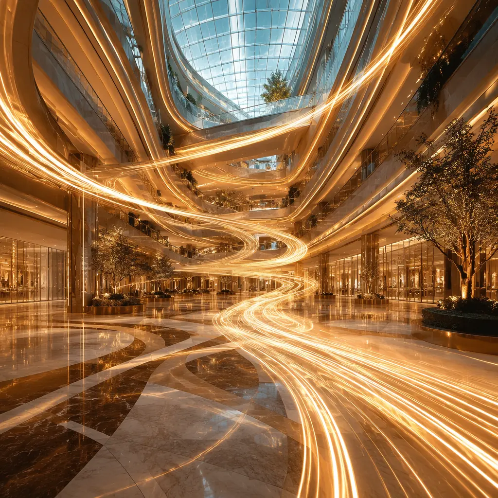 Abstract architectural visualization of light trails flowing through a grand multi-level shopping atrium with glass ceiling and golden ambient illumination
