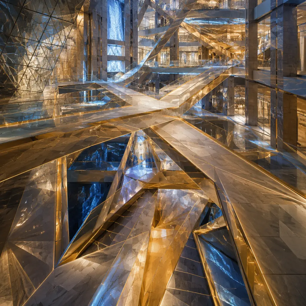 Abstract visualization of interconnected geometric patterns suggesting crowd movement through a modern commercial complex