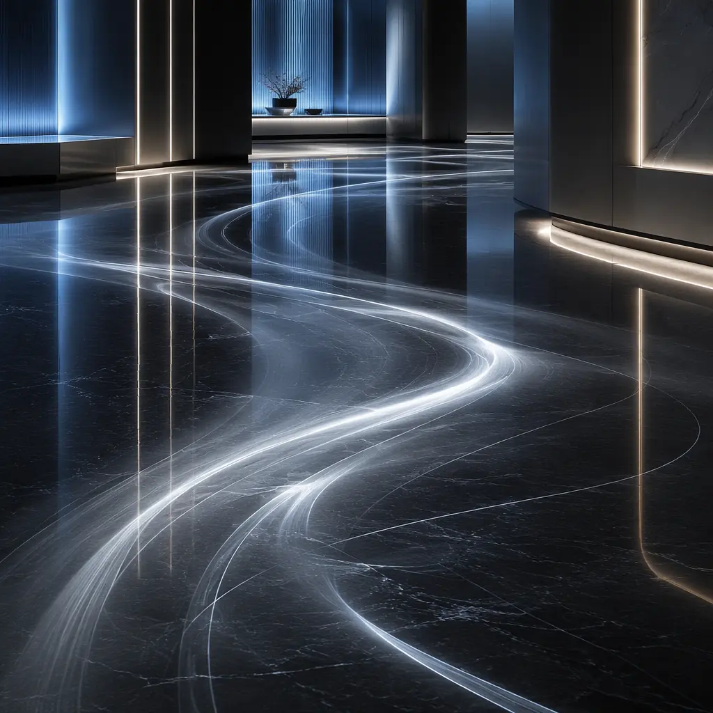 Abstract flowing patterns of silver and white light sweeping across a dark polished floor surface