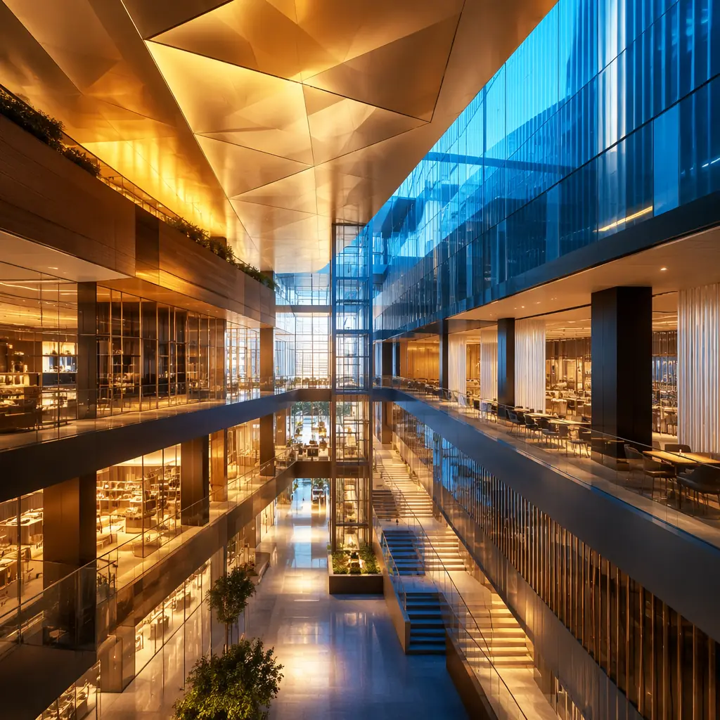 Professional corporate visualization of interconnected commercial spaces with warm golden light transitioning to cool blue tones