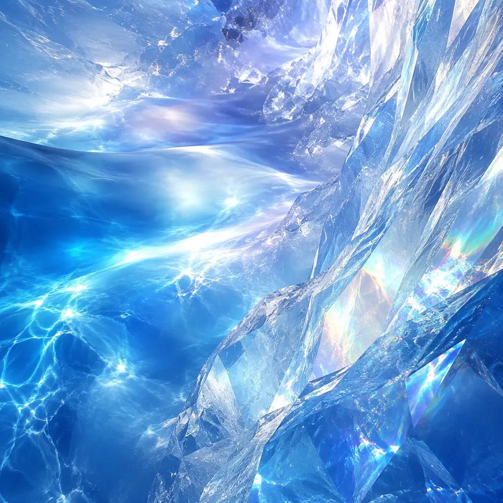 Cool blue-white light gradients flowing across a crystalline textured surface with soft prismatic highlights, evoking the visual sensation of sunlight refracting through ice crystals on a ski lodge window at altitude