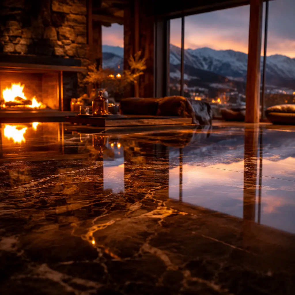 Warm golden light spreading across a dark reflective surface with soft gradient transitions, evoking the glow of a mountain lodge fireplace reflecting off polished floor surfaces — abstract composition suggesting alpine warmth and luxury