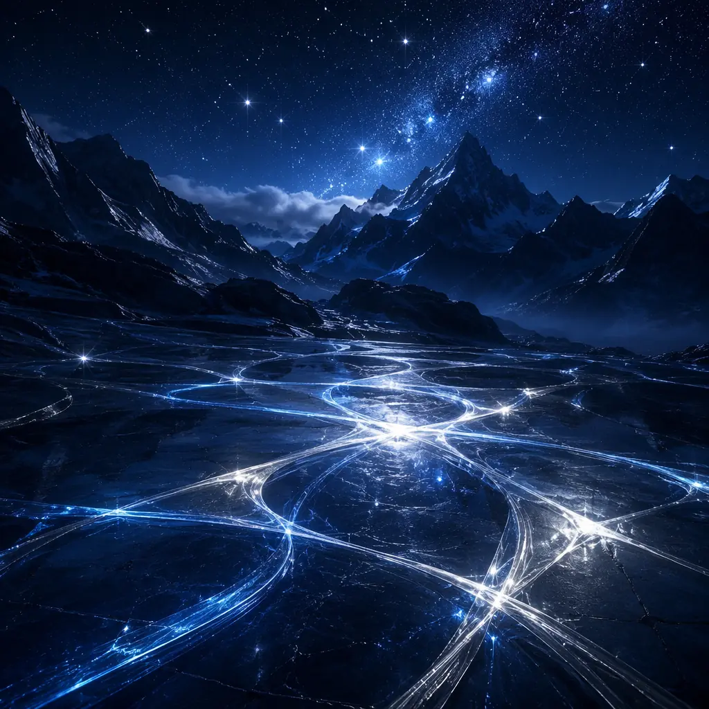 Deep navy blue and silver intersecting light streams across a smooth dark surface, with crystalline reflective highlights — evoking the night sky over a mountain ridgeline as seen from a resort balcony, abstract geometric composition