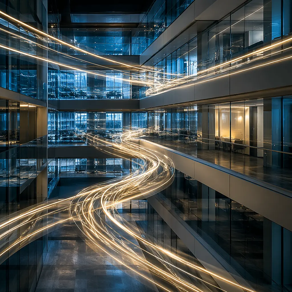 Abstract architectural visualization of light trails flowing through a modern glass office building atrium