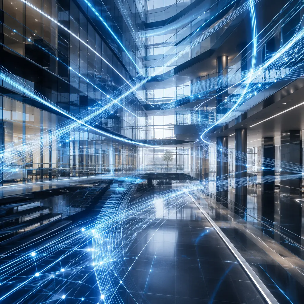 Abstract data streams and connectivity visualization flowing through an architectural space with blue and silver light beams