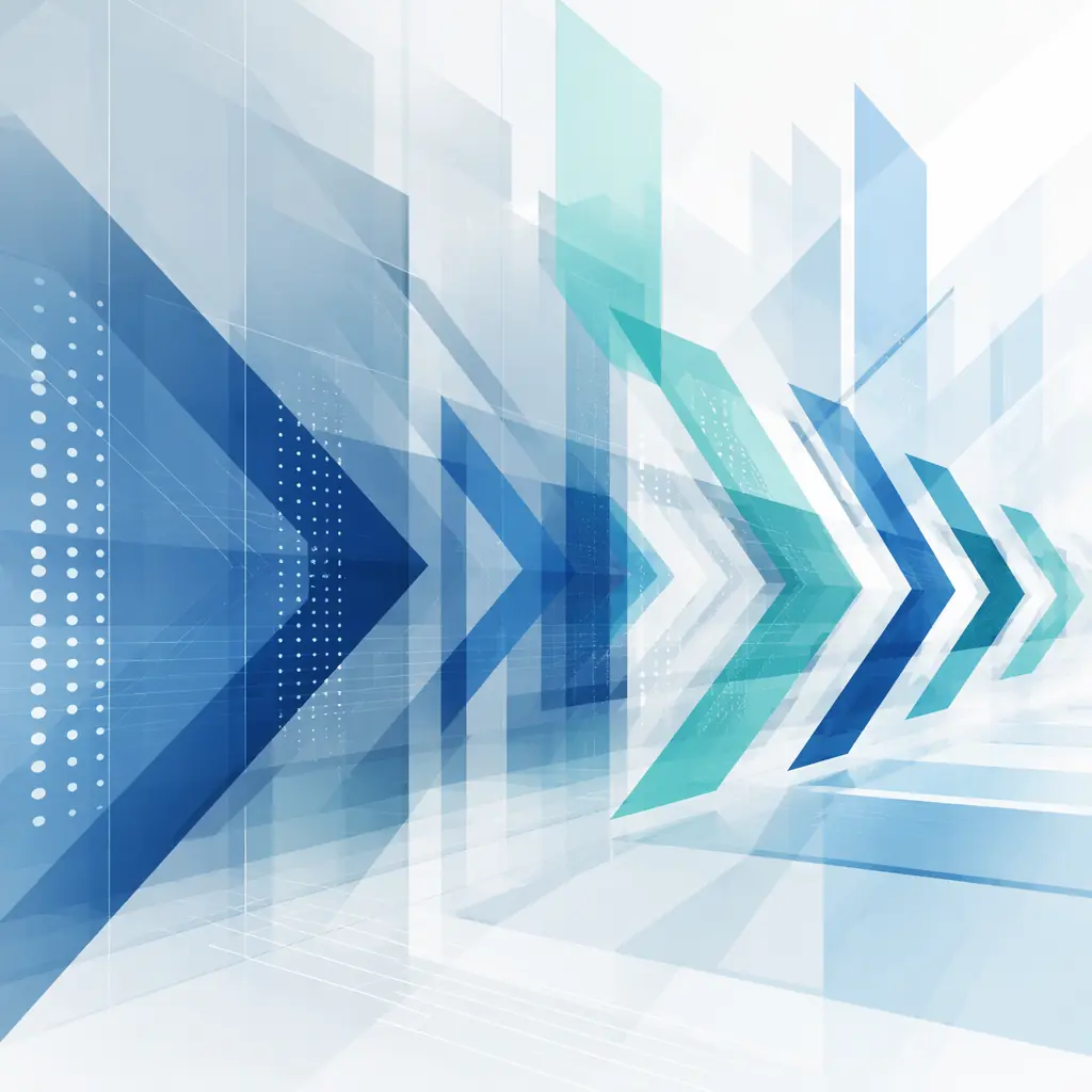 Abstract efficiency and optimization patterns with layered translucent geometric shapes in corporate blue teal and white