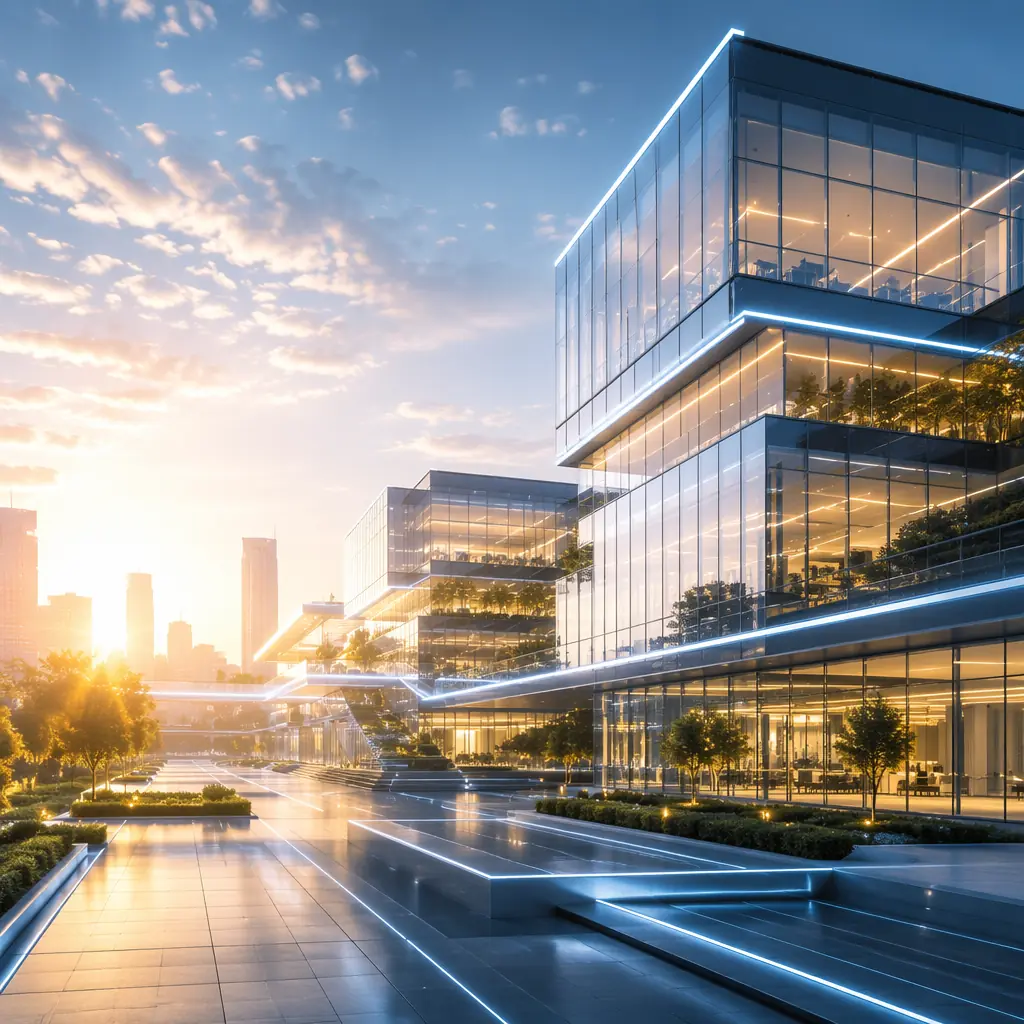 Abstract futuristic smart building concept with glass and steel architecture and integrated glowing technology lines at sunrise