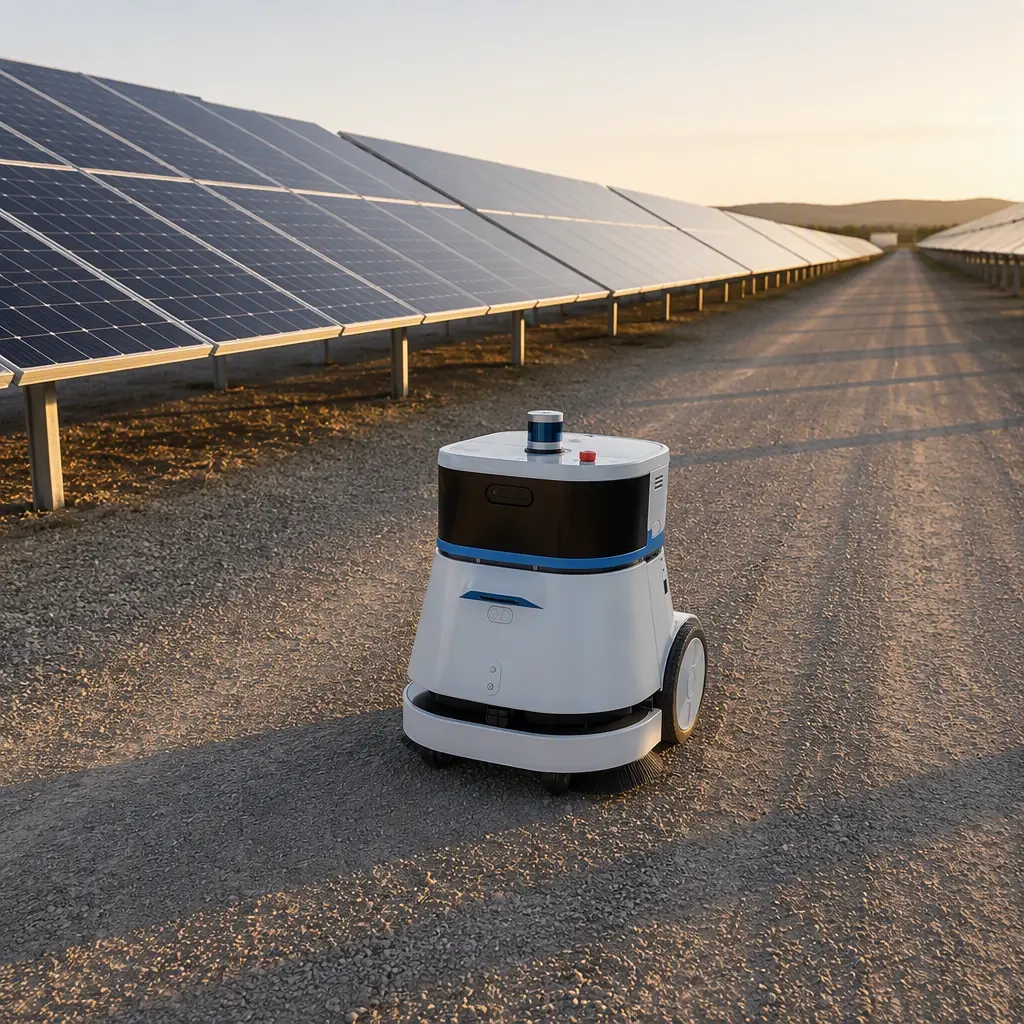 CLEINBOT CC201 outdoor sweeping robot on a gravel access road between rows of solar panel arrays at a utility-scale PV plant, golden-hour light, dust-free graded surface, photorealistic