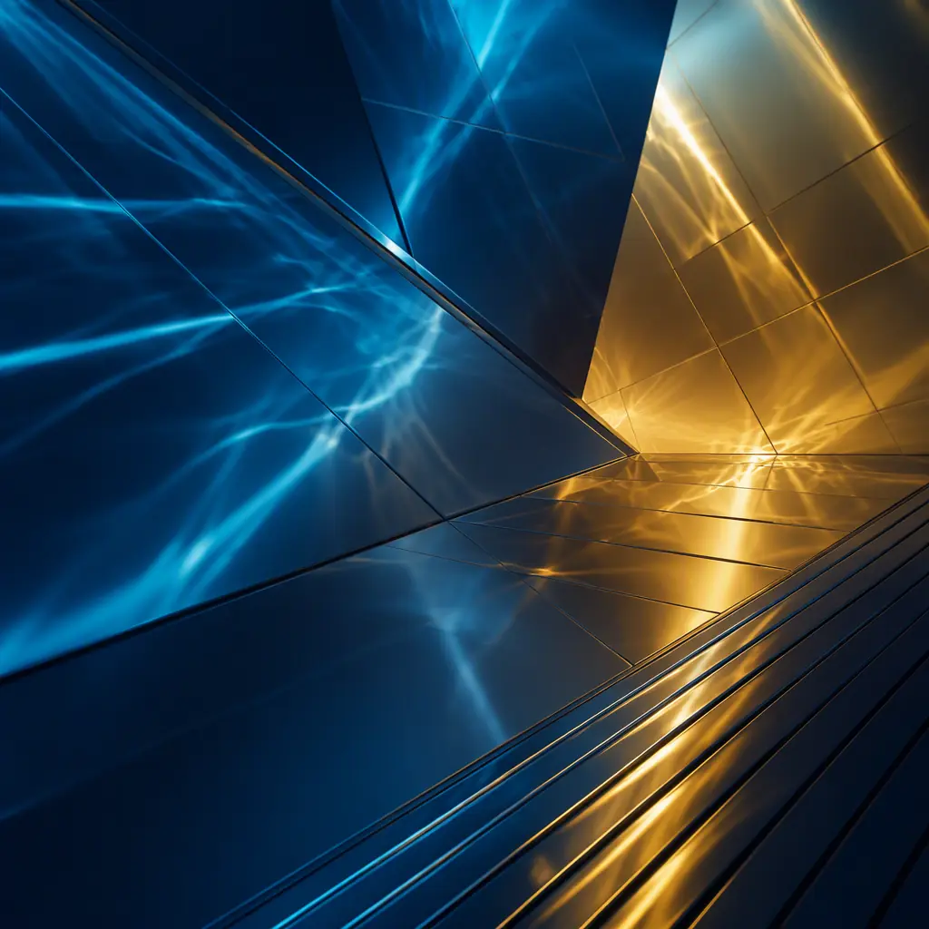 Cool blue and white light refractions across a smooth industrial surface, evoking the precision of a modern renewable energy control room, abstract geometric composition, no people