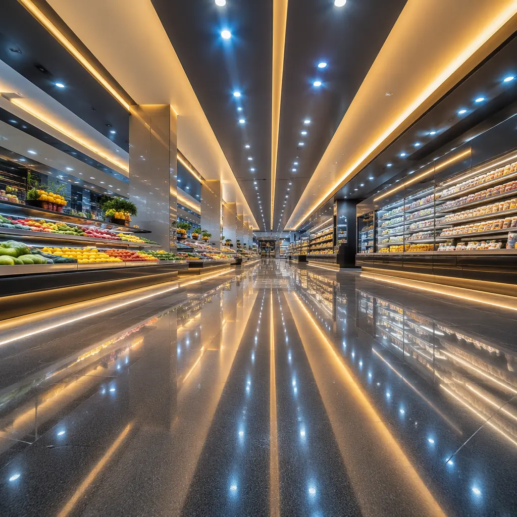 Abstract corporate scene of gleaming polished supermarket floor reflecting cool blue and warm gold LED ceiling lights in parallel lines