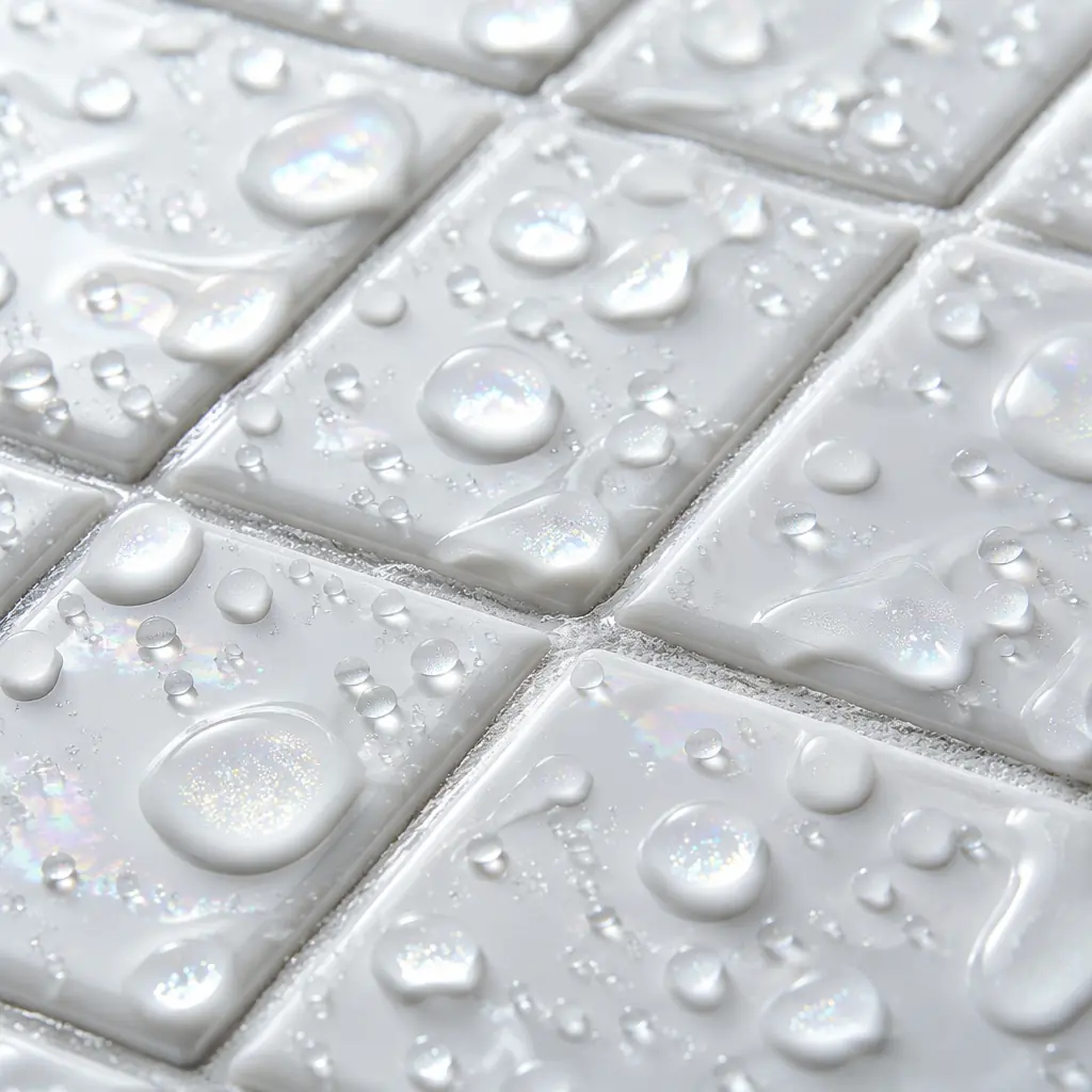 Macro close-up of water droplets beading on a pristine white ceramic tile surface with subtle cleaning solution rainbow sheen