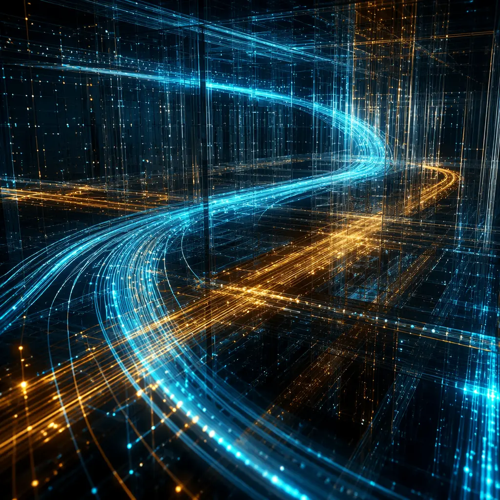 Abstract visualization of data streams as luminous cyan and gold light trails flowing through dark architectural grid structure