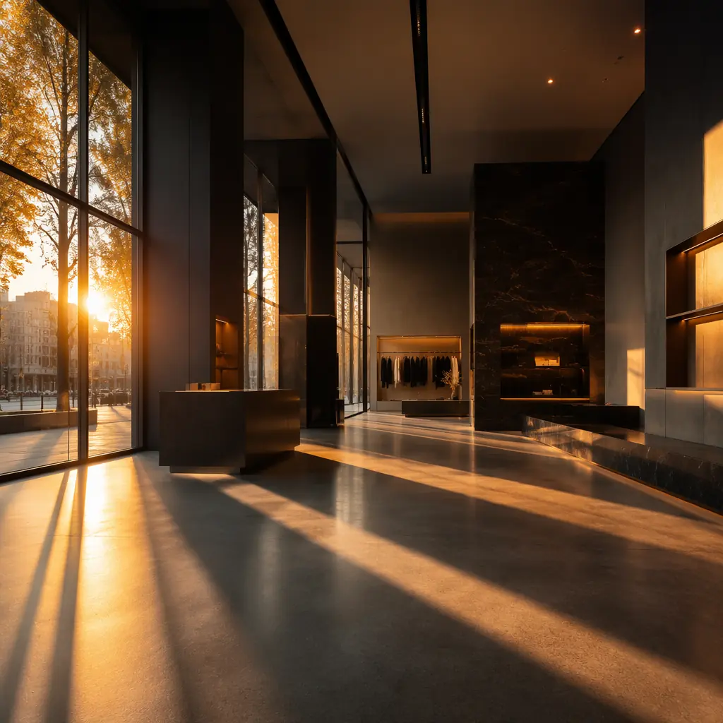 Golden hour sunlight streaming through floor-to-ceiling glass storefront, casting long geometric shadows across polished concrete floor