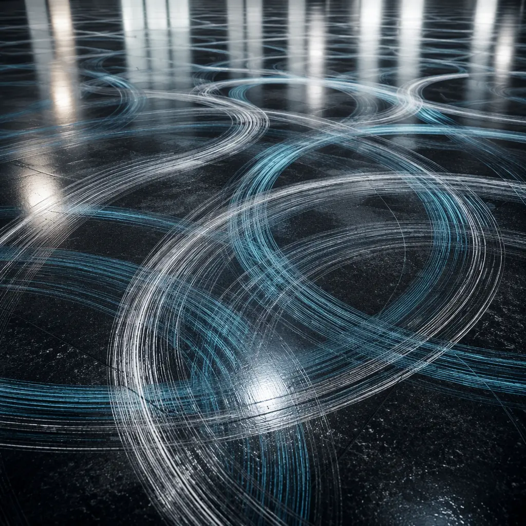 Abstract composition of intersecting circular cleaning patterns in pearl white and cyan on a dark reflective surface