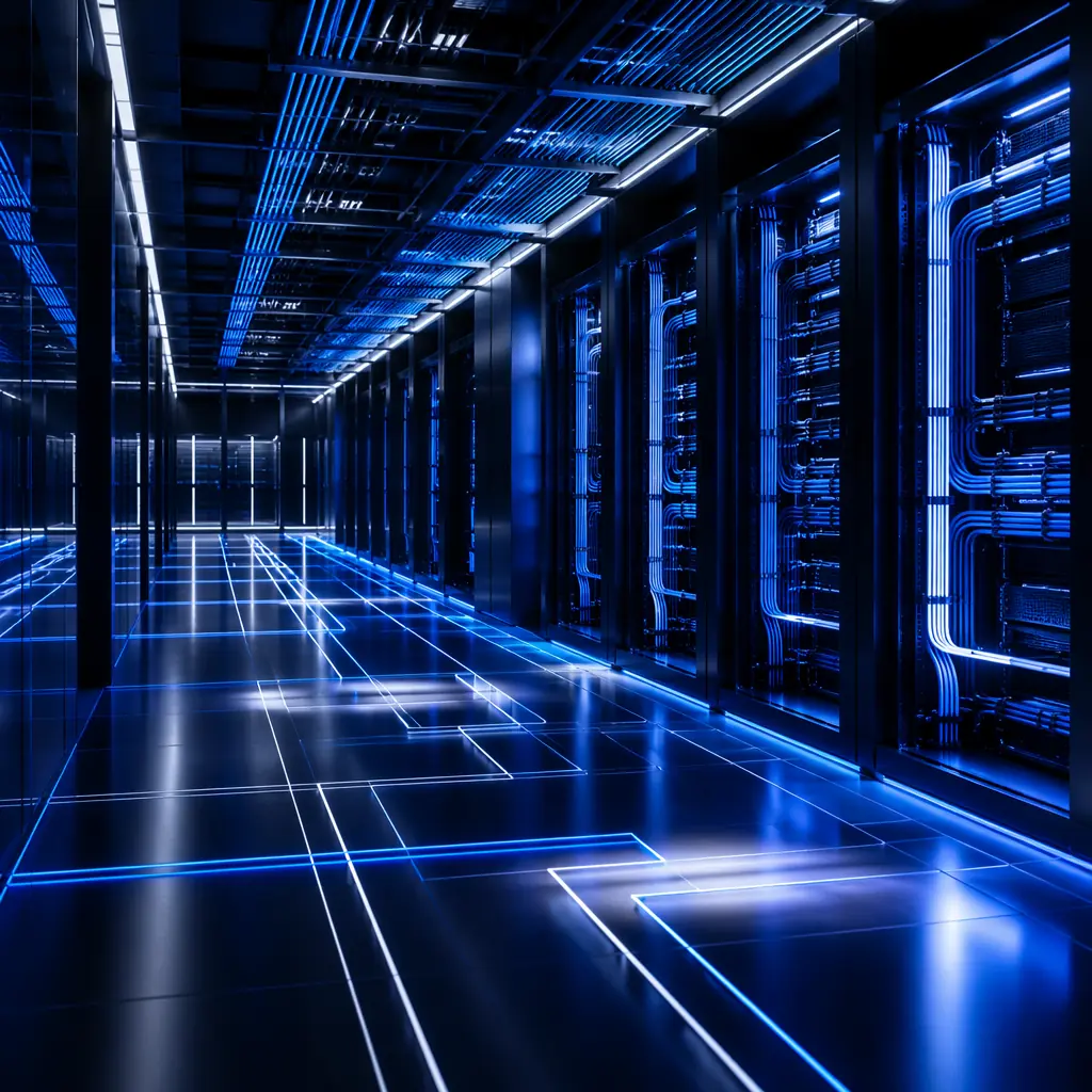 Deep blue and cool white geometric light patterns flowing across a dark reflective surface, evoking the precision lighting and structured cable management of a modern telecommunications central office with rows of equipment racks