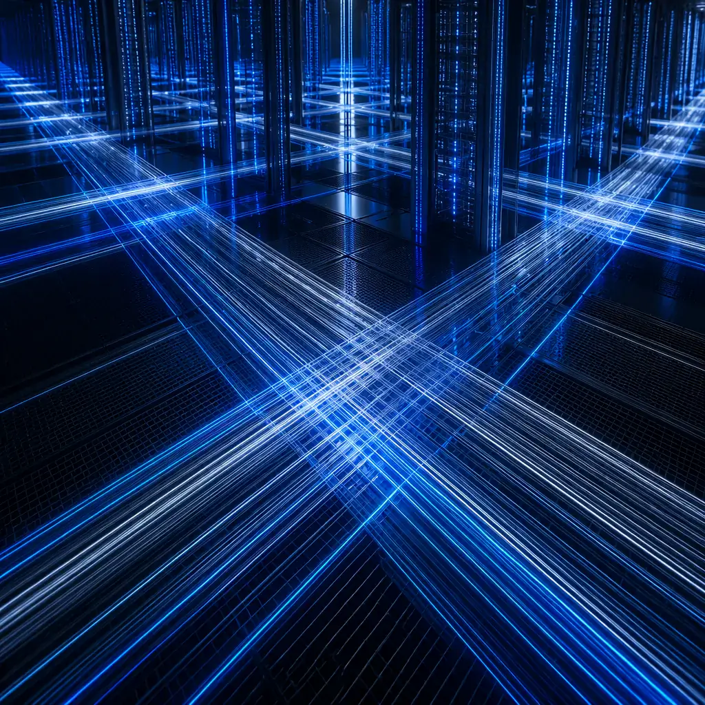 Electric blue and silver light beams intersecting across a dark grid-like surface, evoking the structured cable pathways and equipment rack aisles of a telecommunications switching center