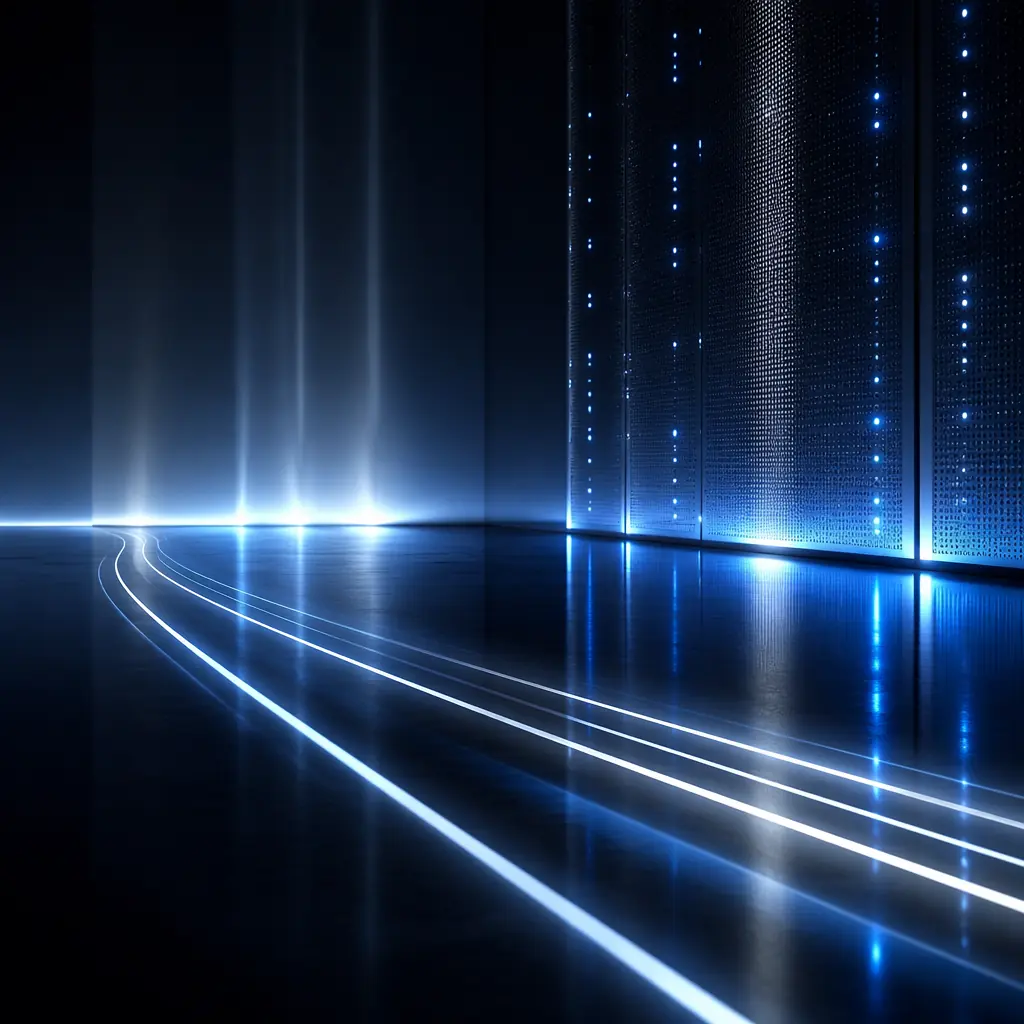 Cool white and soft blue light beams flowing across a dark reflective surface, evoking the clean precision of a remote telecommunications equipment shelter with LED indicator lights and structured cable management