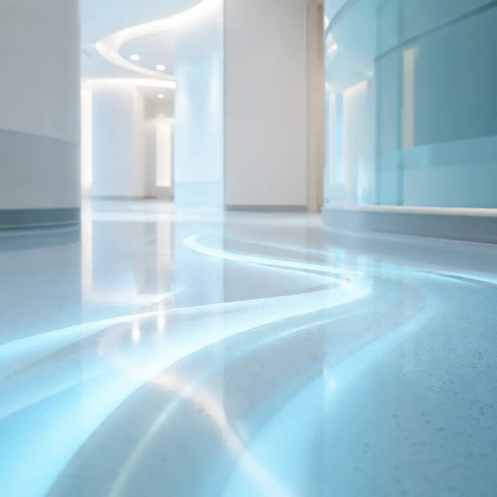 Abstract composition of soft cyan and white light streams flowing across a polished surface, evoking the clean, calming atmosphere of a modern veterinary hospital
