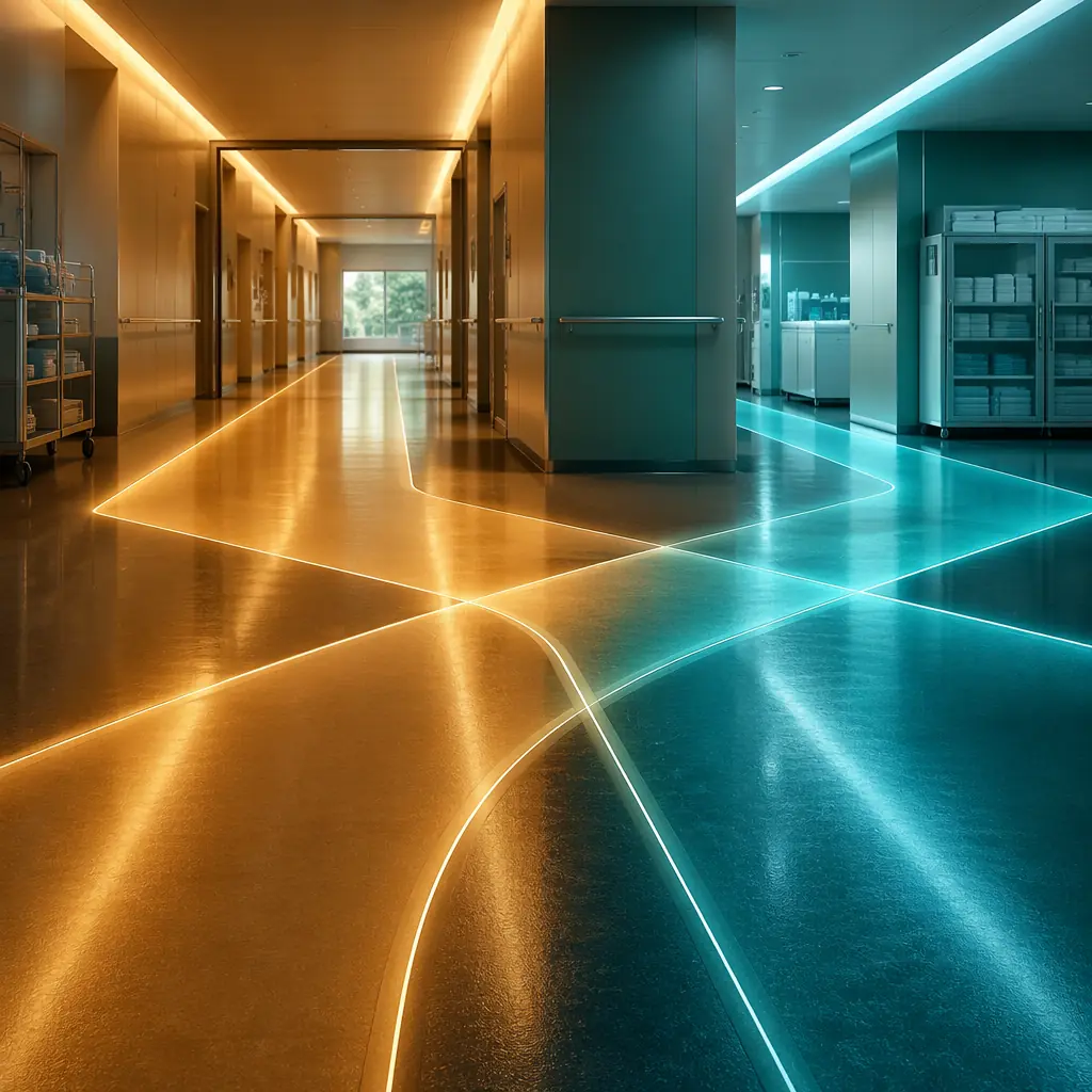 Soft amber and teal light gradients intersecting on a dark reflective floor, suggesting the organized pathways of internal logistics in a clinical environment