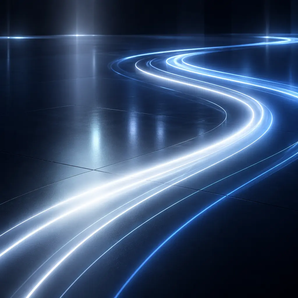 Luminous white and blue light waves flowing across a pristine dark surface, conveying the precision and sterility of a clinical-grade autonomous cleaning environment