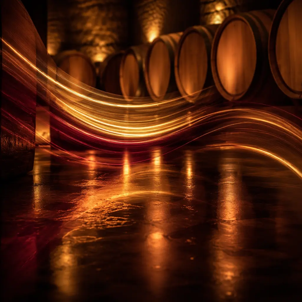 Warm amber and deep burgundy light trails flowing across a polished dark surface, evoking the atmosphere of a wine barrel room with oak casks and soft atmospheric lighting