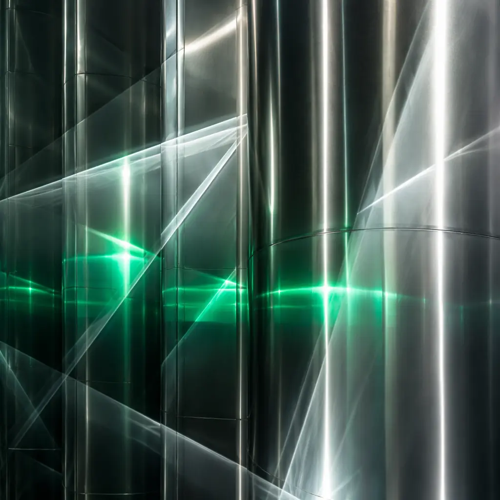 Cool silver and emerald green light refractions across a clean metallic surface, evoking the sterile precision of stainless steel fermentation tanks in a modern beverage production facility