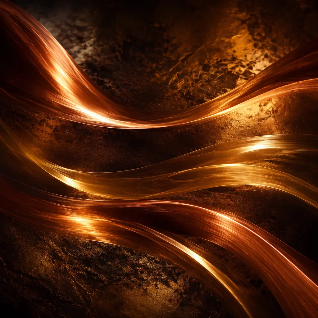 Golden and copper light ribbons flowing across a dark textured surface with warm amber highlights, evoking the craft brewery atmosphere of copper brewing kettles and warm taproom lighting