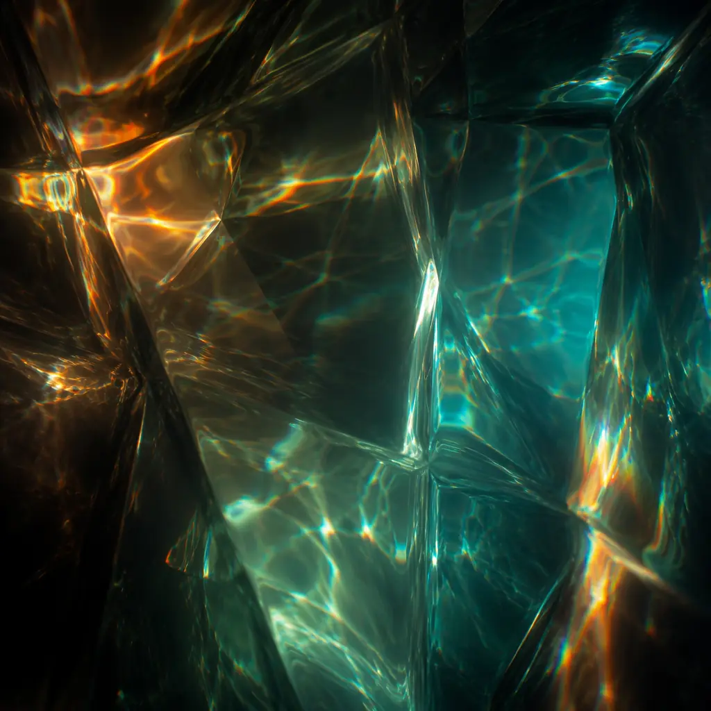 Abstract light reflections rippling across dark glass-like surfaces with warm amber and cool aqua tones, suggesting the interplay of water and light through aquarium gallery windows at different depths