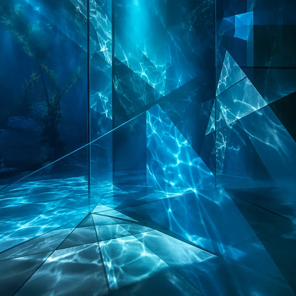 Cool blue and teal geometric light patterns refracting through transparent layered surfaces, evoking the visual experience of looking through aquarium glass at multiple depths with subtle organic shadow movements