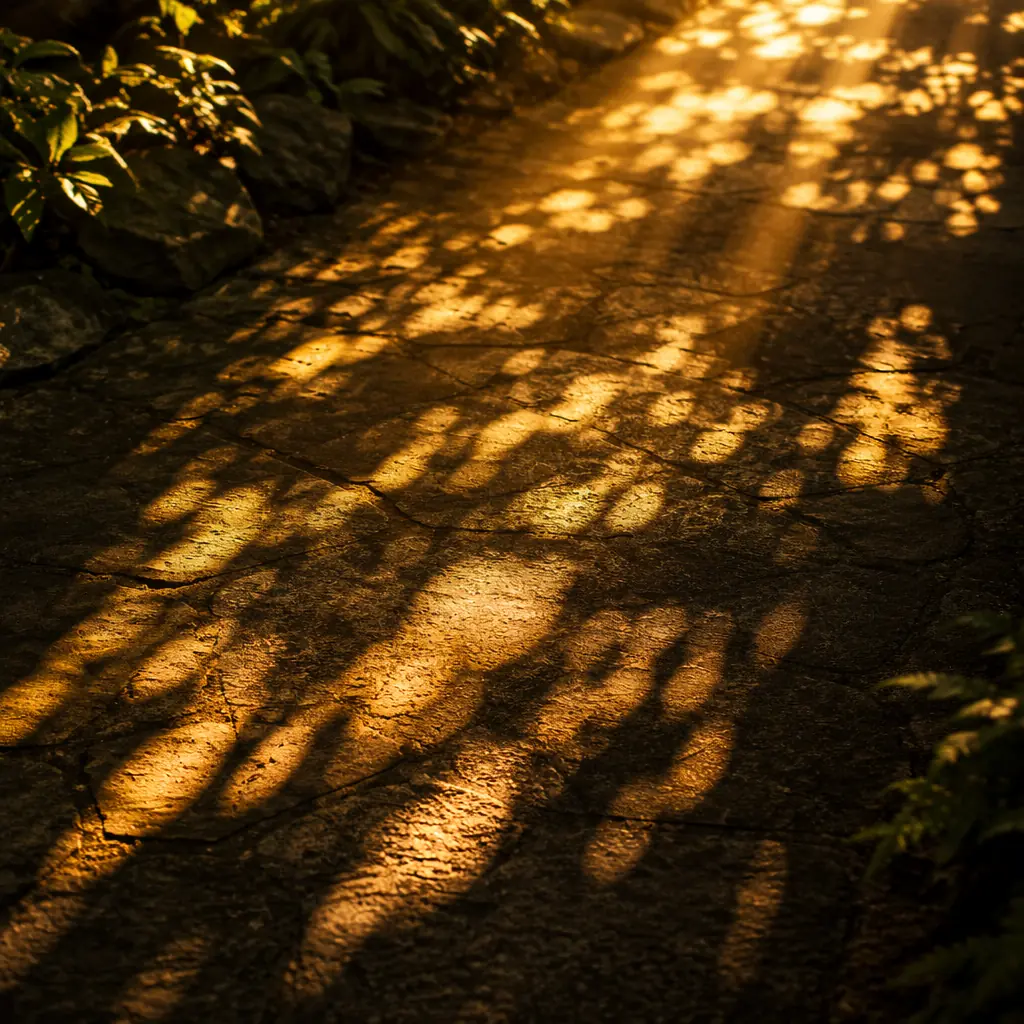 Warm amber and gold light streams intersecting across a dark textured surface with organic shadow patterns, evoking the feeling of sunlight filtering through tree canopy onto a zoo pathway — abstract composition suggesting outdoor exhibit perimeters