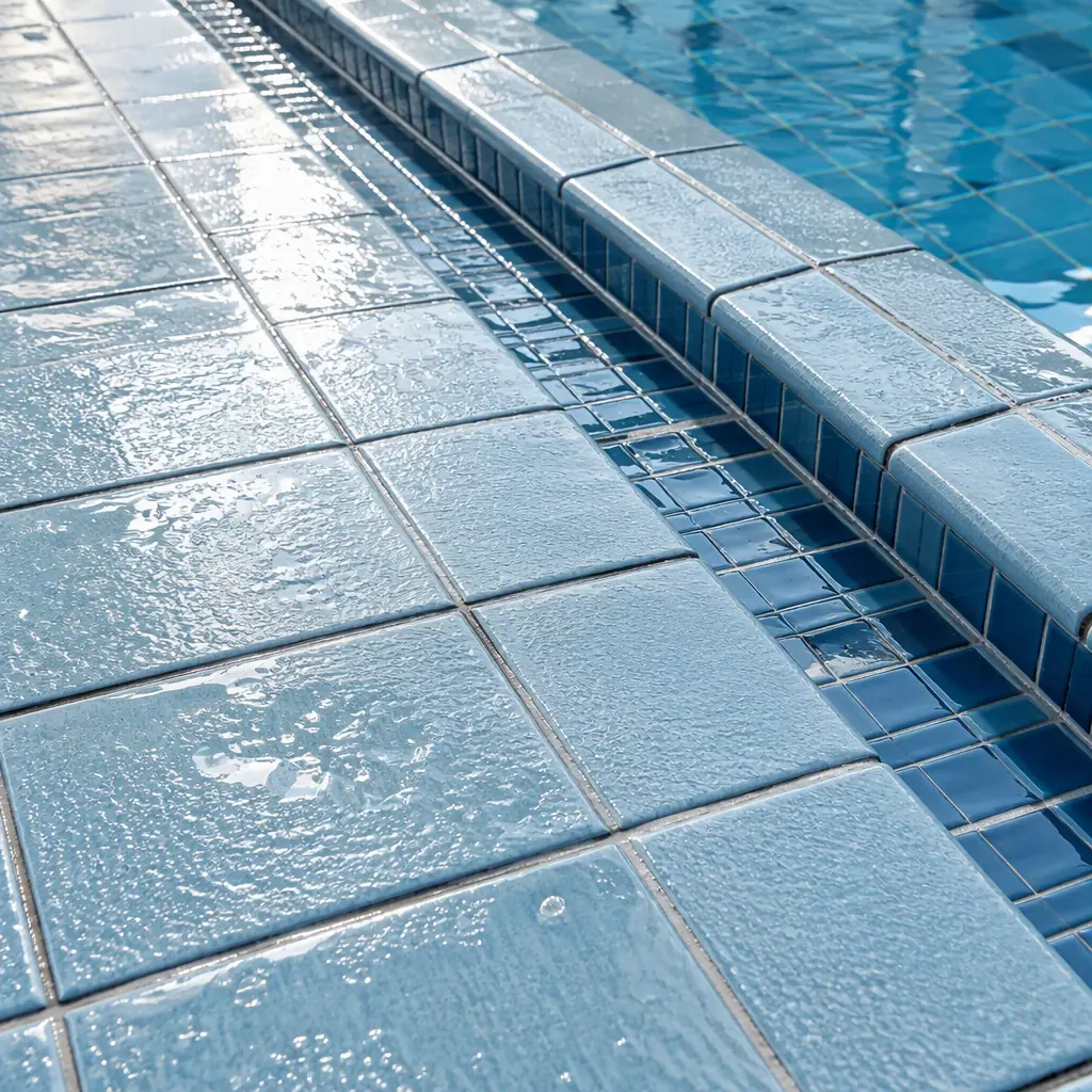 Photorealistic macro photograph of wet non-slip poolside tiles with a faint film of water and a tiled drainage channel, bright overhead lighting, no people and no text