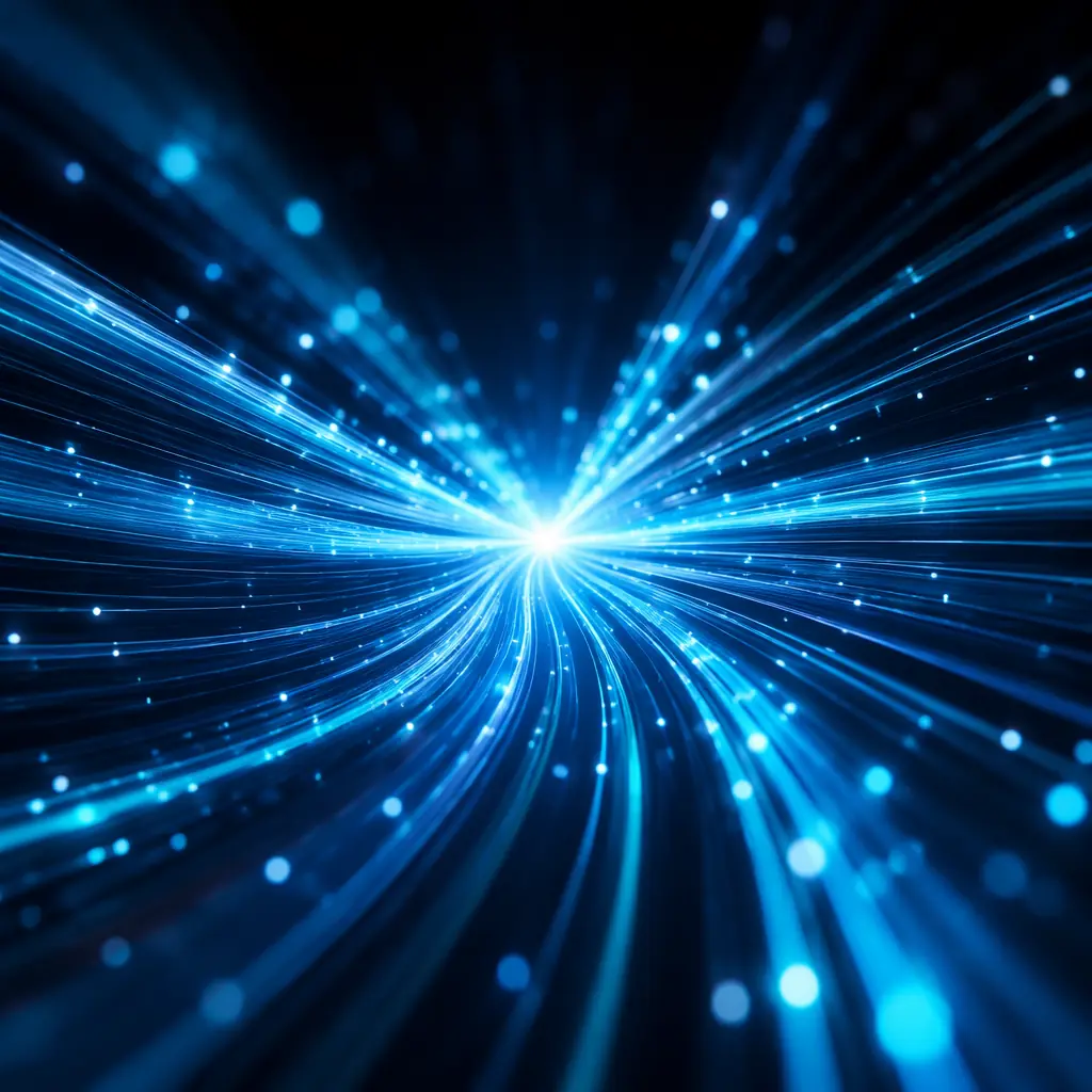 Abstract visualization of glowing fiber-optic light trails converging toward a central point in a dark corporate environment, symbolizing remote connection and digital presence