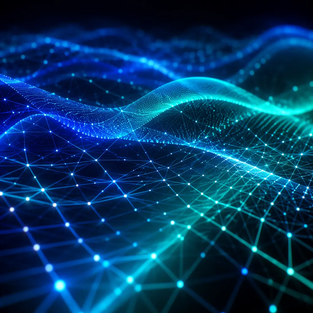Digital wave patterns in blue and teal flowing through a geometric grid landscape, representing data connectivity and network infrastructure