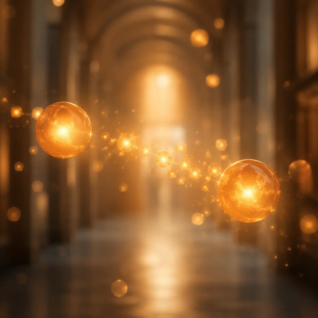 Gentle amber and gold light spheres floating through a soft-focused corridor with warm ambient glow, suggesting human connection across distance