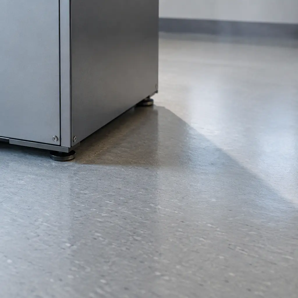 Photorealistic close-up photograph of a matte-grey equipment housing on a clean vinyl floor casting a long soft shadow, none of the interior visible, neutral lighting, no people and no text