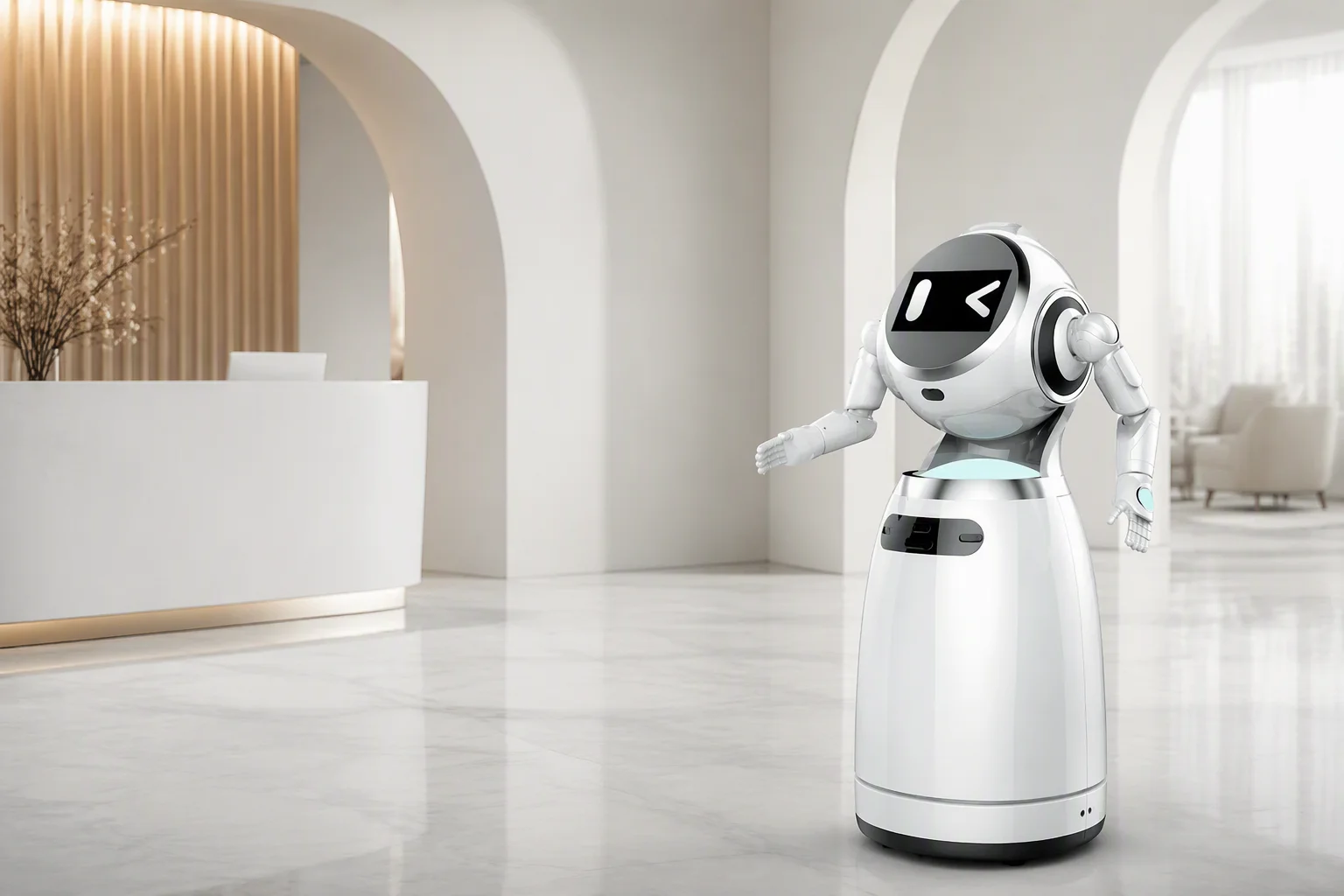 AOMAN G1 greeting in a hotel lobby